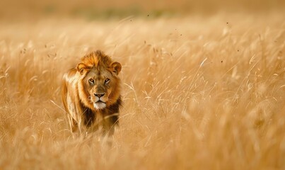 Fototapeta premium Lion walking through tall grass, savannah landscape