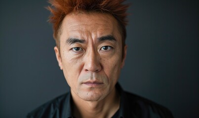 Fototapeta premium Portrait of a Japanese man with short spiky hair, dark red hair color