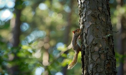 Squirrel climbing up a tree trunk