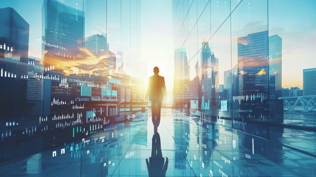 Businessman walking in modern cityscape with digital stock market data overlay