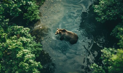 Obraz premium Top view of a bear fishing in a river, lush forest background
