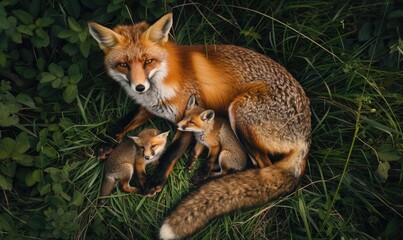Fototapeta premium Top view of a fox with cubs, playing in the grass