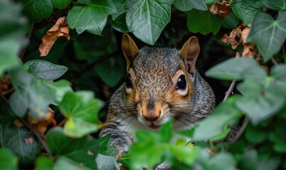 a squirrel hiding in the underbrush