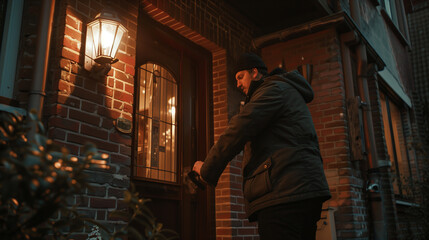 Man dressed in dark clothing is picking the lock of a front door in the suburbs