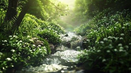 Fototapeta premium Sunlit stream flowing through lush greenery with white flowers
