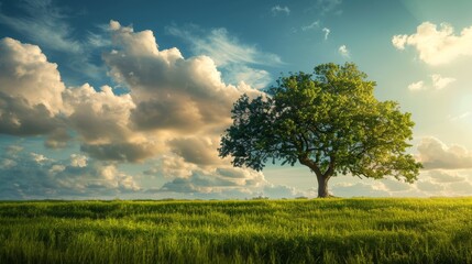 Fototapeta premium Lone tree in a green field under a blue sky with clouds