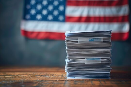 US presidential election. A stack of mail-in ballots ready to be sent, with an American flag and patriotic elements in the background.