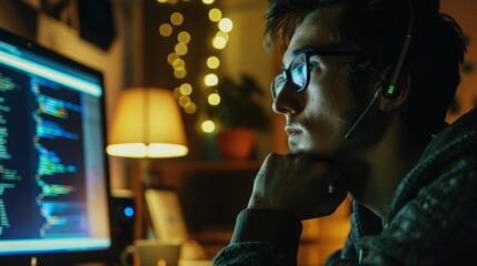 Man in headset coding on computer at night