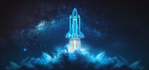 Obraz premium Space shuttle launching into the starry night sky with clouds and galaxy background