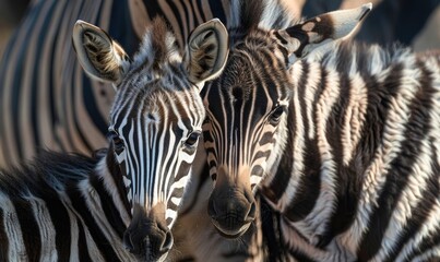 Fototapeta premium Top view of a zebra foal with its mother