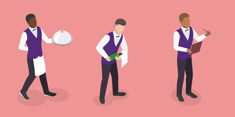 3D Isometric Flat Vector Illustration of Restaurant Waiter