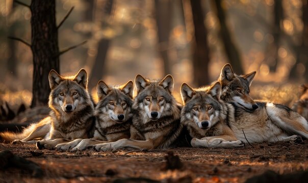 Wolf mother with her pups, playing in the grass
