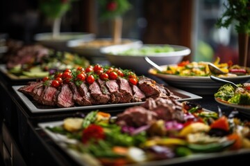 Obraz premium Appetizing buffet with assorted colorful dishes, vegetables, and meats displayed.