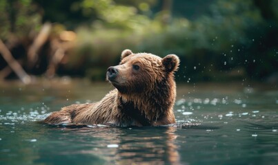 Bear bathing in a river cool water