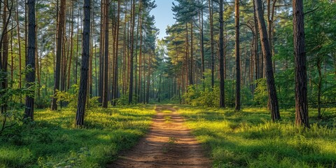 Fototapeta premium Sunlit pathway through a tranquil forest in springtime