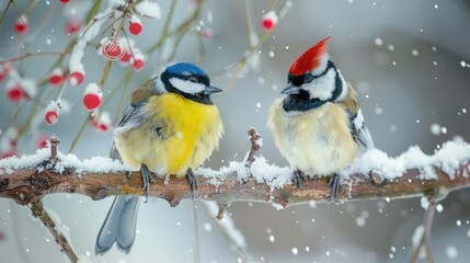 Fototapeta premium Two beautiful songbird sitting at a tree branch in the winter forest
