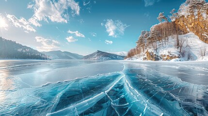 Expansive frozen lake with visible ice cracks under clear blue sky