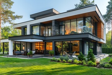 Luxurious modern house with large windows and beautiful outdoor space