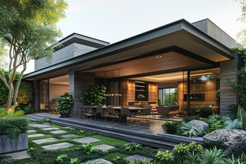 Fototapeta premium Luxurious modern house with large windows and beautiful outdoor space