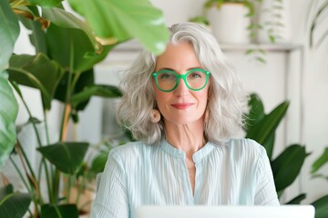 older Caucasian woman with gray hair styled in soft waves, wearing green-framed glasses and a light blue textured blouse, concentrating on her laptop in a modern office with lush greenery