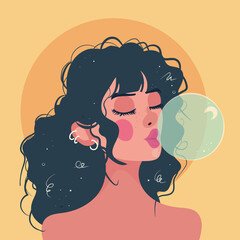 Nice girl inflating a bubble from a chewing gum.