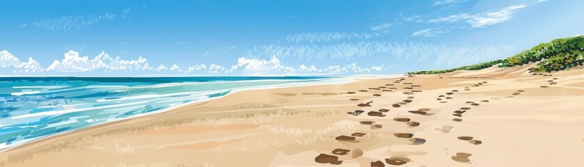 Fototapeta premium Sandy beach, footprints in the sand, clear blue sky, Watercolor style