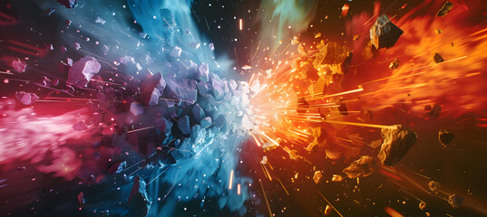 Fototapeta premium When ideas collide. Two ground of ideas or ideology colliding and generating friction and heat and pressure. Faultline of ideas design