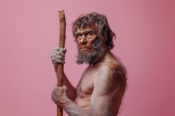 Cave primitive man in animal skin with a spear