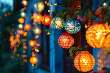 Obraz premium Strings of colorful fairy lights and lanterns adorning a house, creating a bright and joyful atmosphere. Diwali celebration