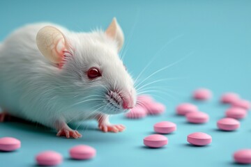 White laboratory mouse and pills on a blue background, concept for testing new drugs