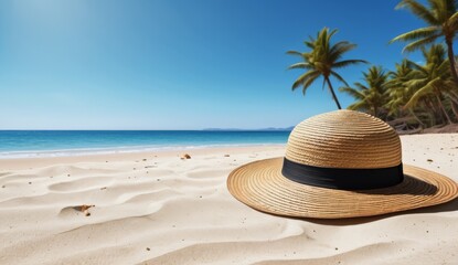 Straw hat lying on a tropical sandy beach
