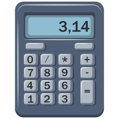 Pi number calculator. Gray calculator with blue display. The numbers are displayed clearly and are easy to read.