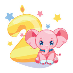 A cute illustration for a children's birthday with a baby elephant and a figure candle. Soft bright colors, a postcard or a party invitation It's two years old for a girl