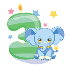 A cute illustration for a children's birthday with a baby elephant and a figure candle. Soft bright colors, a postcard or a party invitation for a boy of three years old