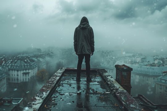 Depressed teenager on roof thinking about suicide