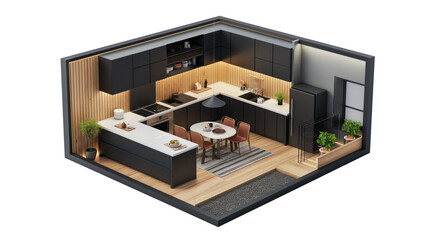 Modern home kitchen interior isometric 3d render