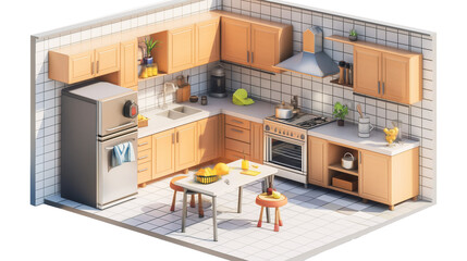 Modern home kitchen interior isometric 3d render