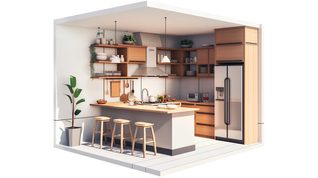 Modern home kitchen interior isometric 3d render