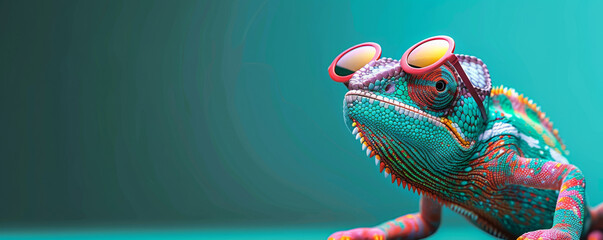 chameleon wearing sunglasses on a solid color background, vector art, digital art, faceted, minimal, abstract, panorama background.