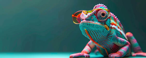 chameleon wearing sunglasses on a solid color background, vector art, digital art, faceted, minimal, abstract, panorama background.