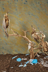 crías de mirlos esqueleto de pájaros posados en una rama seca 