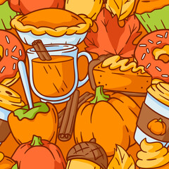 Autumn items and food pattern. Happy Thanksgiving Day and Halloween traditional symbols.