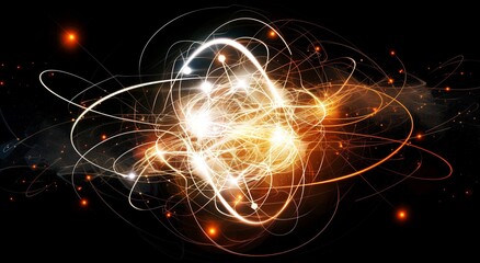 An atom, with glowing lines and shapes in white and orange against a black background.