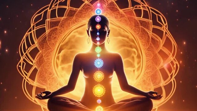Animation portrays chakras within a meditating woman glowing, symbolizing inner balance