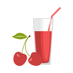 Refreshing drink of cherry juice in a glass and two cherries on a white background, summer vector illustration.