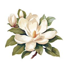 Bouquet of white magnolia in watercolor style isolated on a white background, vector magnolia flowers with buds and green leaves illustration