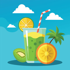 Fresh juice in a glass cup and assorted fruits with a delicious and healthy drink with awesome beach background
