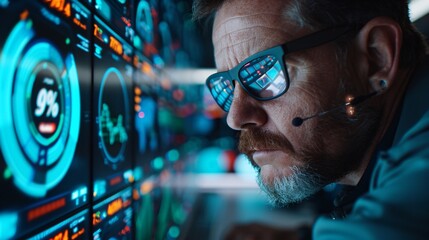 Business meeting in a high-tech conference room, featuring a businessman on the far right. A vivid, glowing KPI graph hologram occupies the center, with the left side of the image left intentionally