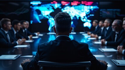 Business meeting in a high-tech conference room, featuring a businessman on the far right. A vivid, glowing KPI graph hologram occupies the center, with the left side of the image left intentionally