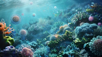 Fototapeta premium A colorful underwater scene with many different types of sea creatures